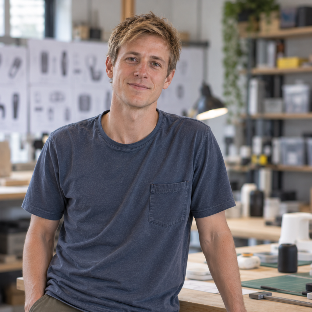 Alex, a fictional inventor, standing in a product-development workshop.