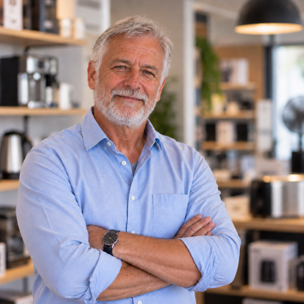 Joe, a fictional retailer, standing in a shop with appliances behind him.