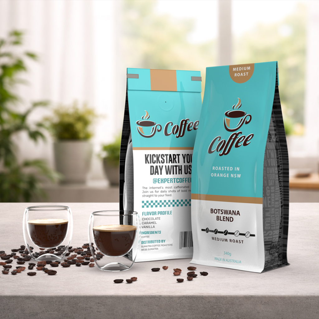 Two turquoise coffee bags with cups of coffee on a kitchen counter