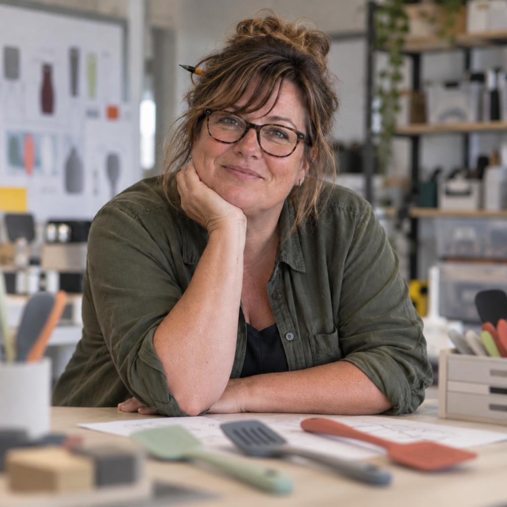 Sarah, a fictional product developer, seated at a desk with kitchenware prototypes.